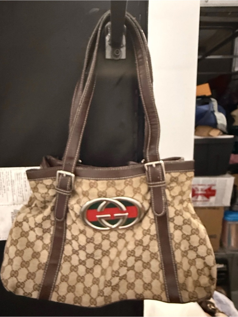 Gucci GG Monogram Canvas Tote Bag Brown Leather Trim Web Stripe